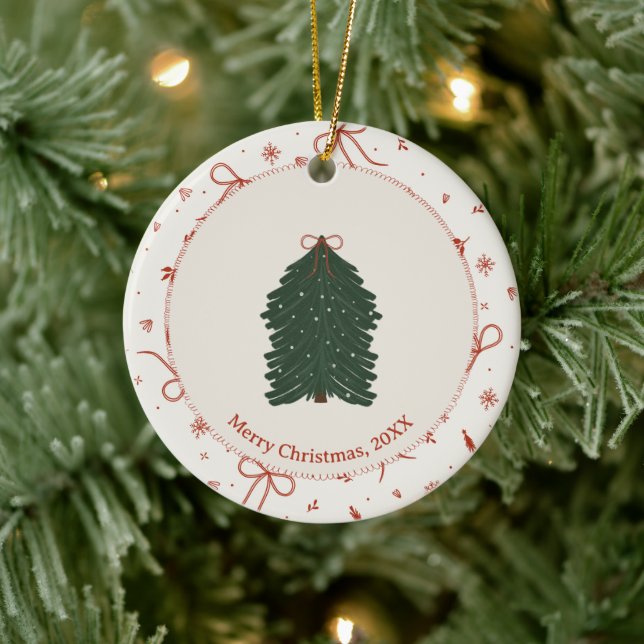 Custom Rustic Pine Tree Red Green Ceramic Ornament (Tree)
