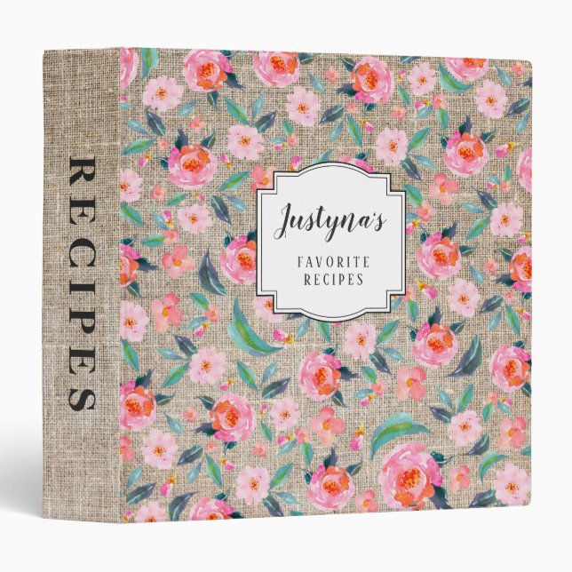 Custom Rustic Pink Floral Burlap Pattern Recipe 3 Ring Binder (Front/Spine)