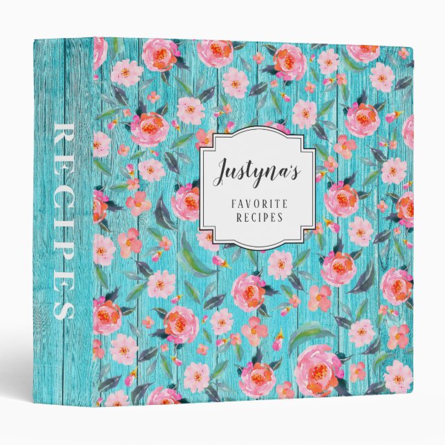 Custom Rustic Pink Floral Pattern Aqua Wood Recipe 3 Ring Binder (Front/Spine)