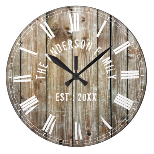 Custom Rustic Planks Wood Family Name Farmhouse Large Clock