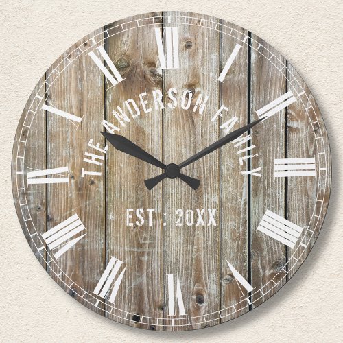 Custom Rustic Planks Wood Family Name Farmhouse Large Clock