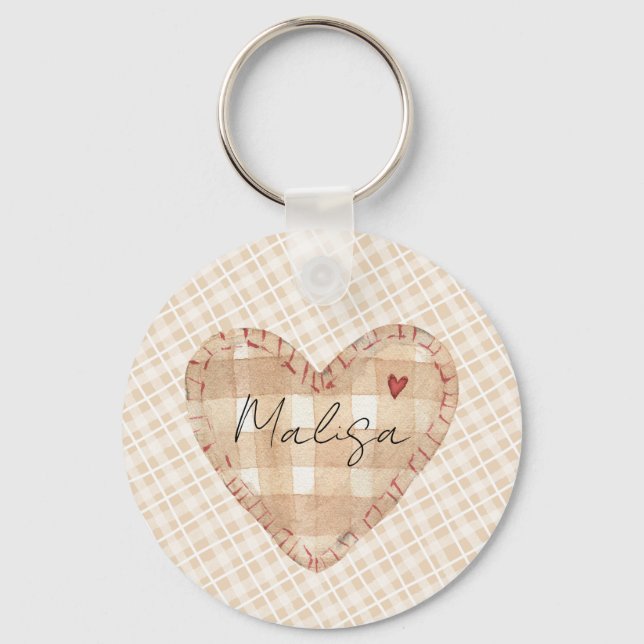 Custom rustic pretty heart Tartarn pattern brown Keychain (Front)