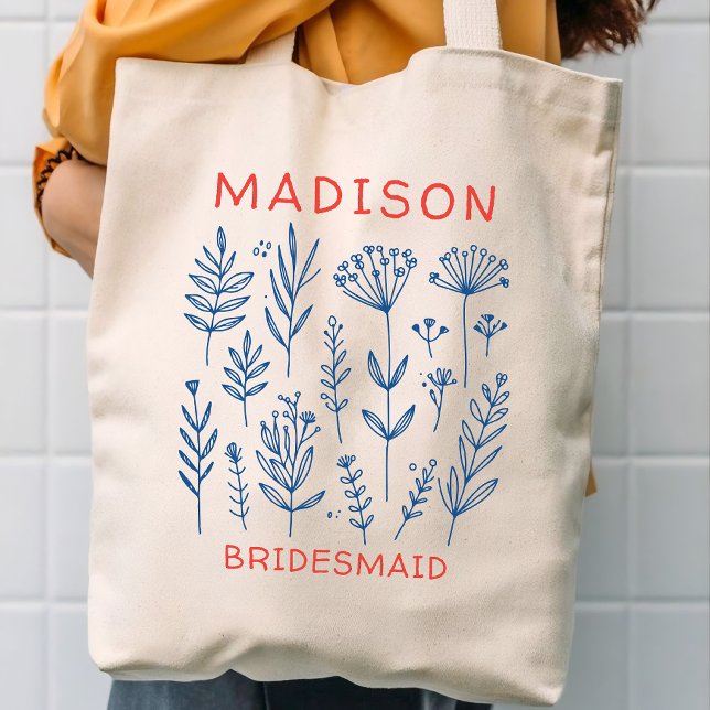 Custom Rustic Retro Floral Bridal Party Bridesmaid Tote Bag (custom name floral tote bag, bridal party tote bag gift, wedding favor tote bag, bachelorette party)