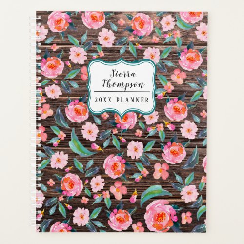 Custom Rustic Rose Floral Watercolor Dark Wood Planner