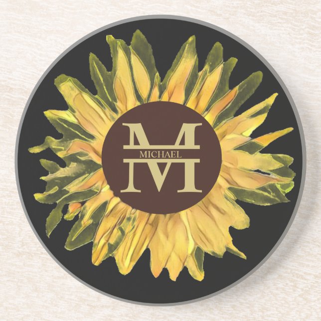 Custom Rustic Sunflower Monogram and Name Coaster (Front)