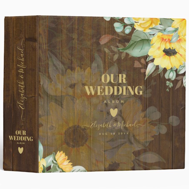 Custom Rustic Sunflowers Eucalyptus Leaves Wedding 3 Ring Binder (Front/Spine)
