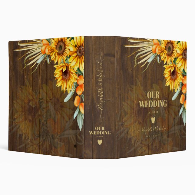 Custom Rustic Sunflowers Pampas Grass Wedding 3 Ring Binder (Background)