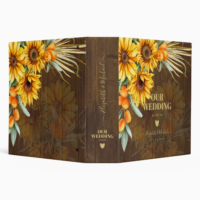 Custom Rustic Sunflowers Pampas Grass Wedding 3 Ring Binder (Background)