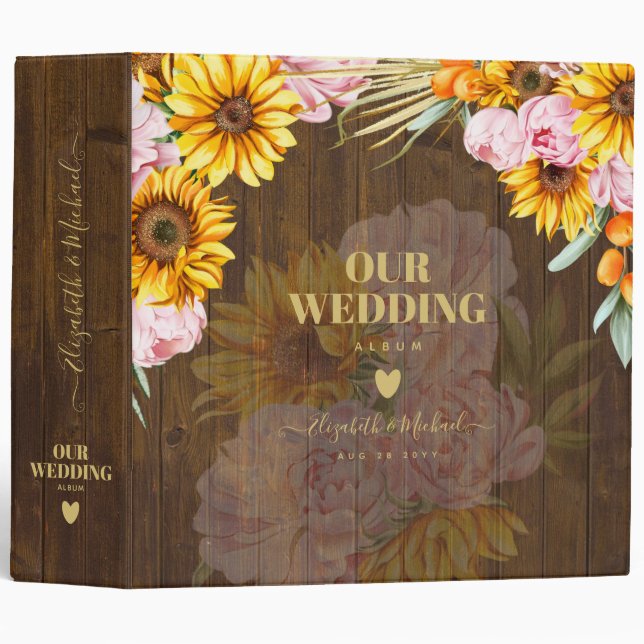 Custom Rustic Sunflowers Pink Roses Wedding 3 Ring Binder (Front/Spine)
