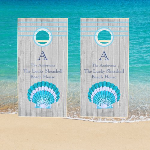 Custom Rustic Teal Blue White Seashell Coastal Cornhole Set