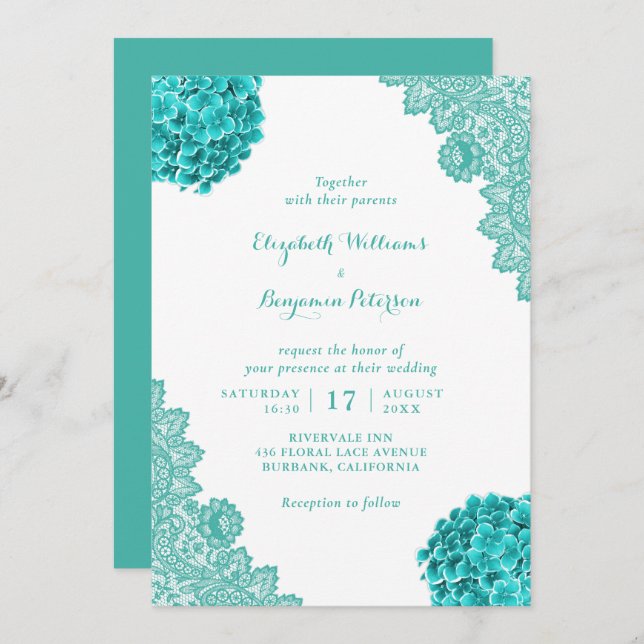 Custom Rustic Turquoise Hydrangea Lace Wedding Invitation (Front/Back)
