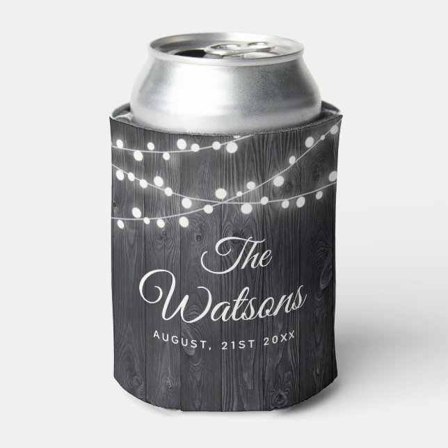 Custom Rustic Wedding Elegant Country Wood Lights Can Cooler (Can Front)