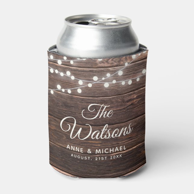 Custom Rustic Wedding Elegant Country Wood Lights  Can Cooler (Can Front)