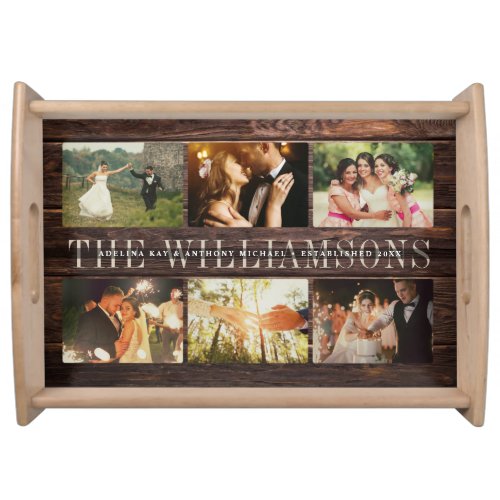 Custom Rustic Wedding Family Name Photo Collage Serving Tray