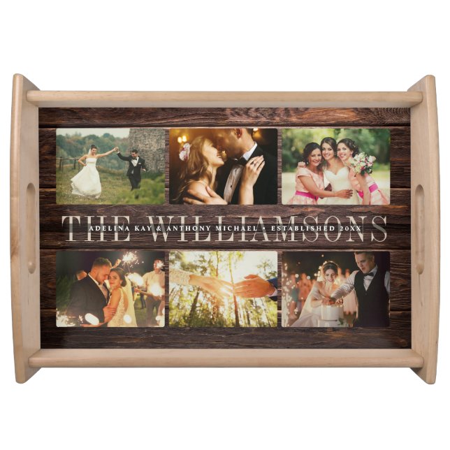 Custom Rustic Wedding Family Name Photo Collage Serving Tray (Front)