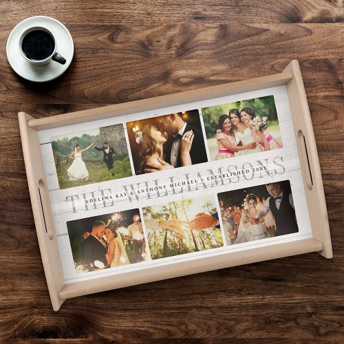 Custom Rustic Wedding Family Name Photo Collage Serving Tray
