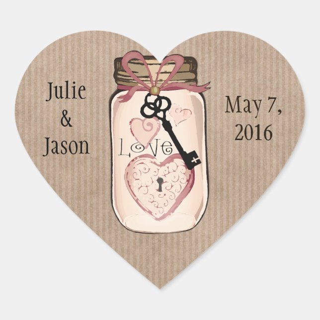 Custom Rustic Wedding Mason Jar Heart Stickers (Front)