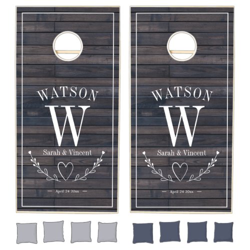 Custom Rustic Wedding Monogram Elegant Dark Wood  Cornhole Set