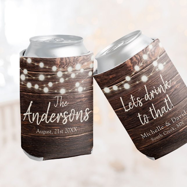 Custom Rustic Wedding Party Favor Barn Wood Lights Can Cooler (Creator Uploaded)