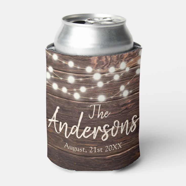 Custom Rustic Wedding Party Favor Barn Wood Lights Can Cooler Zazzle