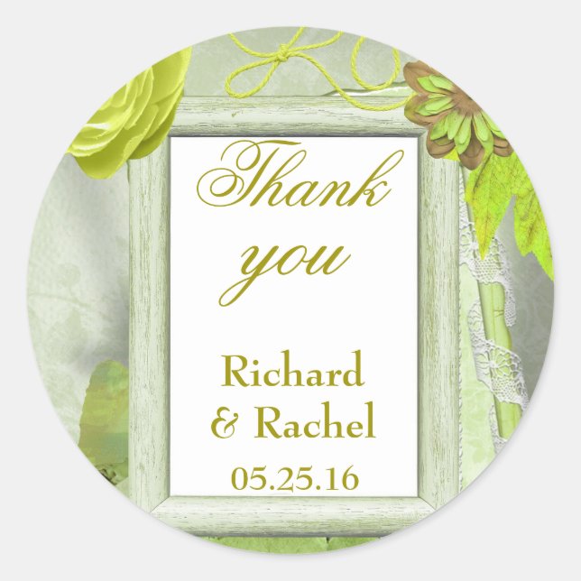 Custom Rustic Wedding Thank you Green Classic Round Sticker (Front)
