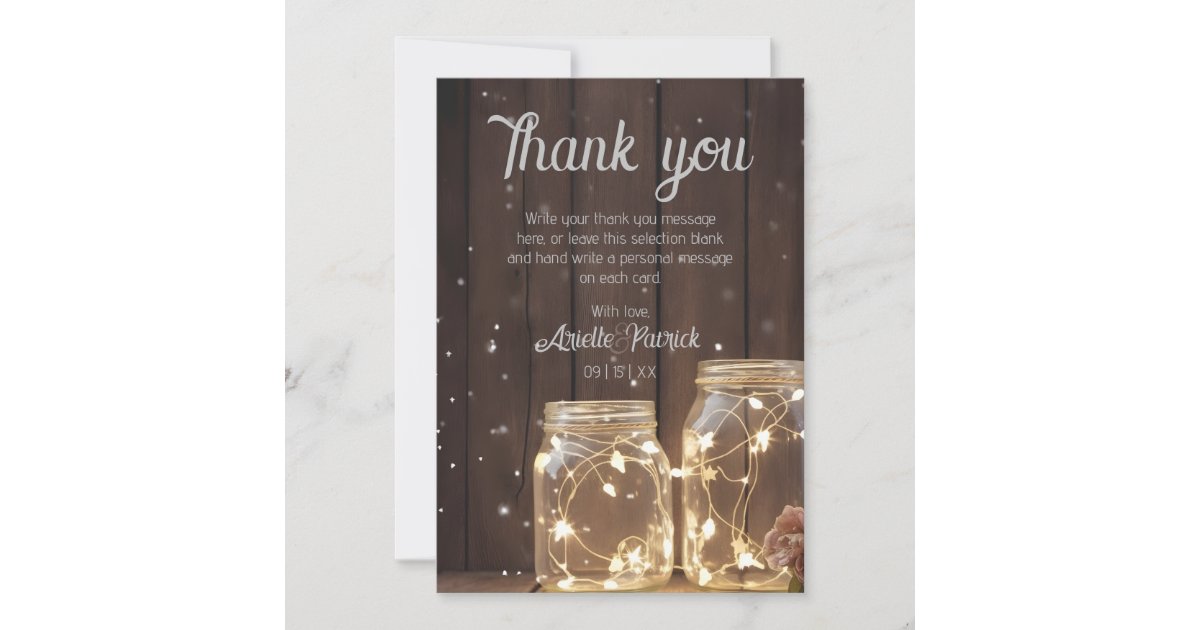 Custom Rustic Wedding Wood Barn Lighting Mason Jar Thank You Card | Zazzle
