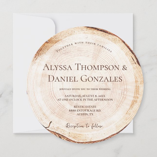 Custom Rustic Wedding Wood Cut Grain Slice Invitation (Front)