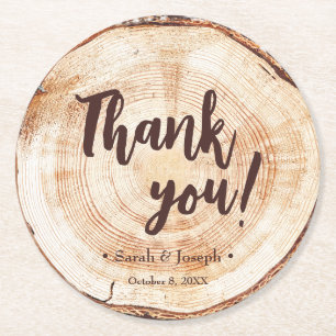 Custom Rustic Wedding Wood Grain Favor Thank you Round Paper Coaster