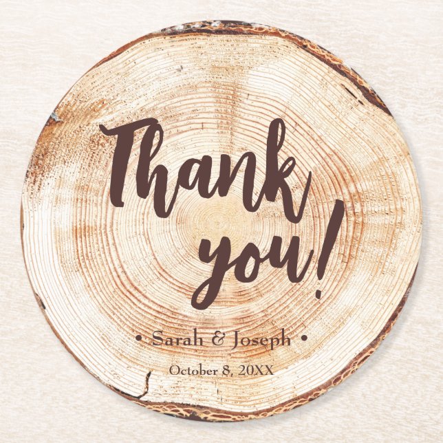 Custom Rustic Wedding Wood Grain Favor Thank you Round Paper Coaster (Front)