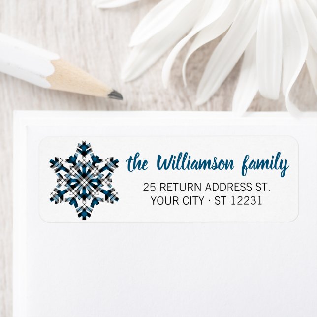 Custom Rustic White Blue Tartan Checks Snowflakes Label (Insitu)