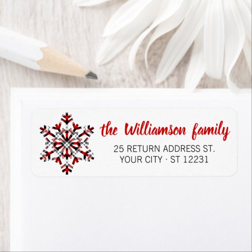 Custom Rustic White Red Tartan Checks Snowflakes Label