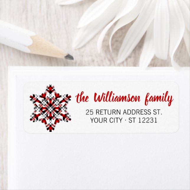 Custom Rustic White Red Tartan Checks Snowflakes Label (Insitu)