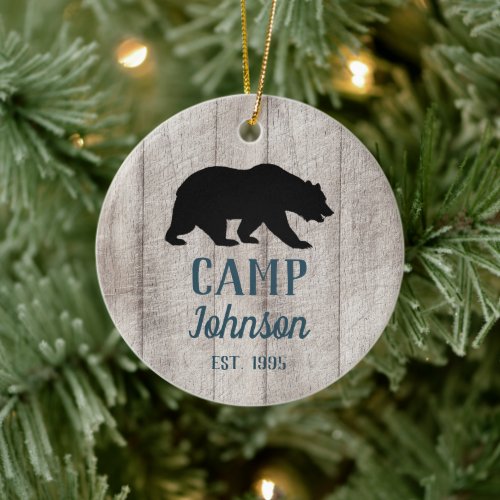 Custom Rustic Wood Bear Family Camp Ceramic Ornament