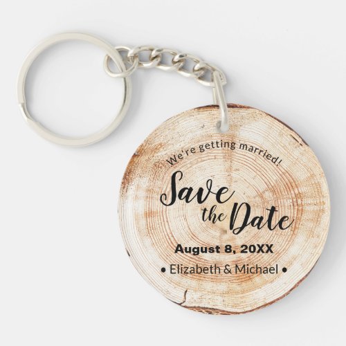 Custom Rustic Wood Cut Disc Wedding Save the Date  Keychain
