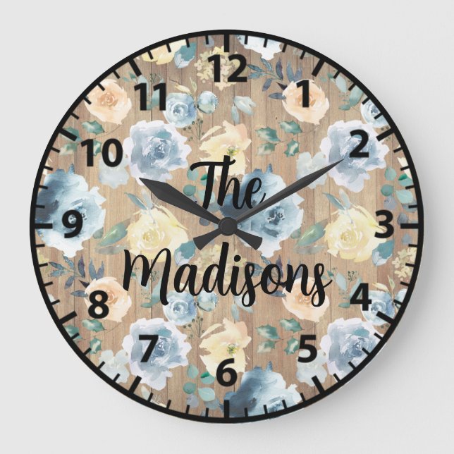 Custom Rustic Wood Flowers Blue Cream Large Clock (Front)