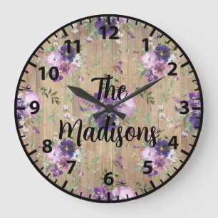 Custom Rustic Wood Flowers Elegant Purple Unique Large Clock