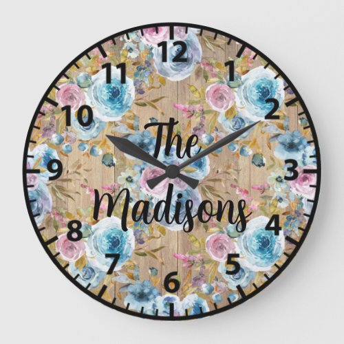 Custom Rustic Wood Flowers Ice Blue Pink Roses Large Clock