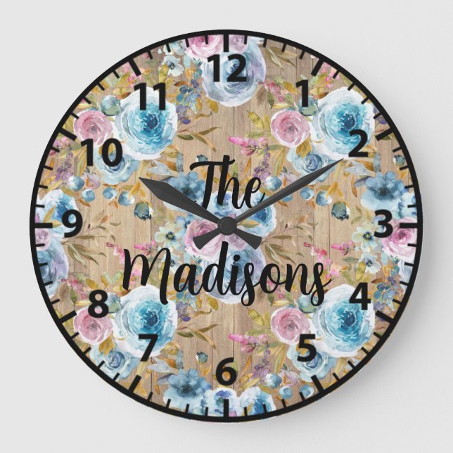 Custom Rustic Wood Flowers Ice Blue Pink Roses Large Clock (Front)