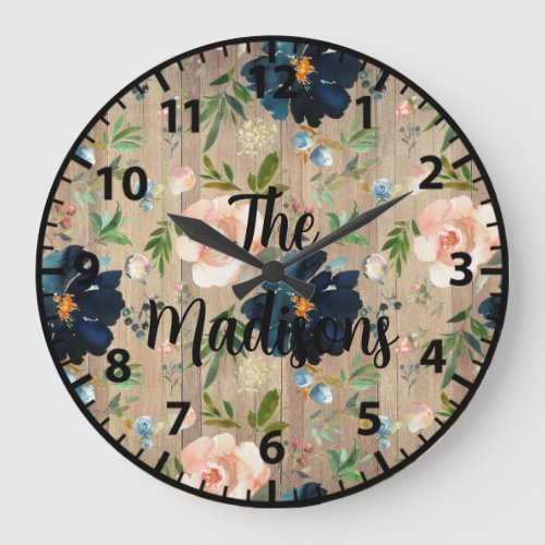 Custom Rustic Wood Flowers Navy Blue Pink Roses Large Clock