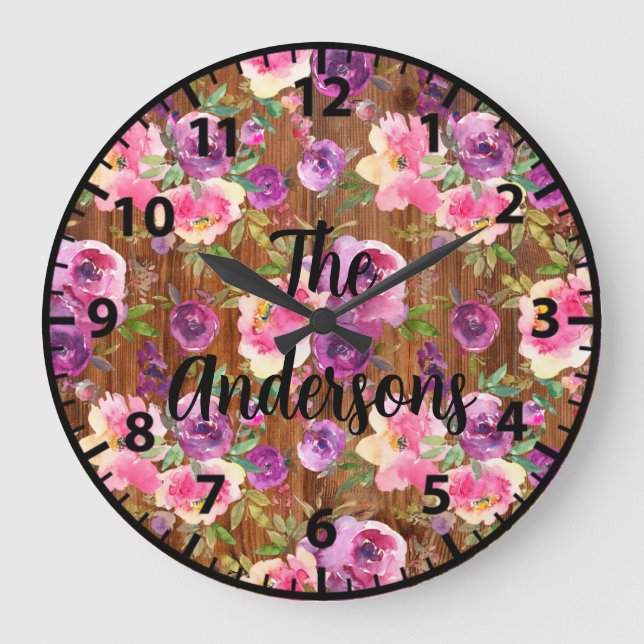 Custom Rustic Wood Flowers Pink and Purple Roses L Large Clock (Front)