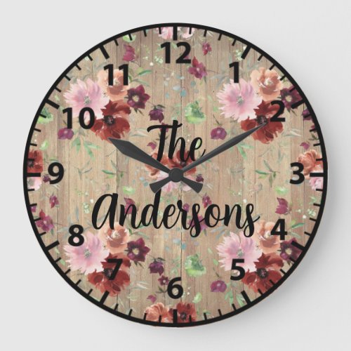 Custom Rustic Wood Flowers Pink and Purple Roses L Large Clock