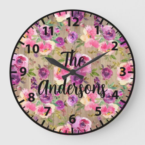 Custom Rustic Wood Flowers Pink and Purple Roses L Large Clock