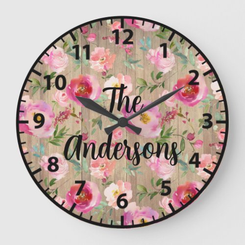 Custom Rustic Wood Flowers Pink and Purple Roses Large Clock