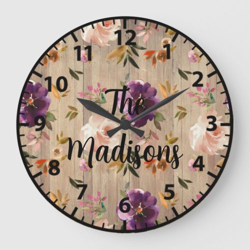 Custom Rustic Wood Flowers Purple Pink Roses Large Clock