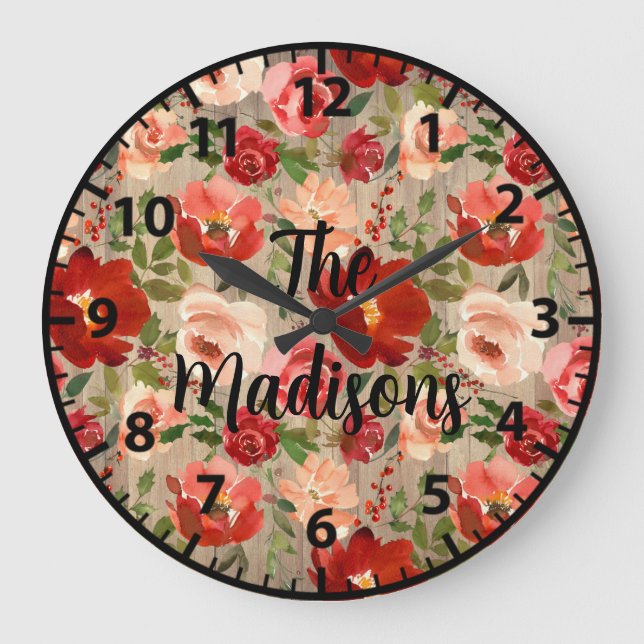 Custom Rustic Wood Flowers Red Cream Pink Roses Large Clock (Front)