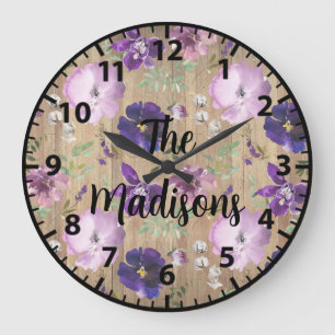 Custom Rustic Wood Flowers Unique Elegant Purple Large Clock