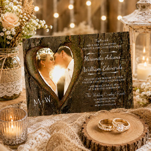 Custom Rustic Wood Heart Photo Wedding Invitation