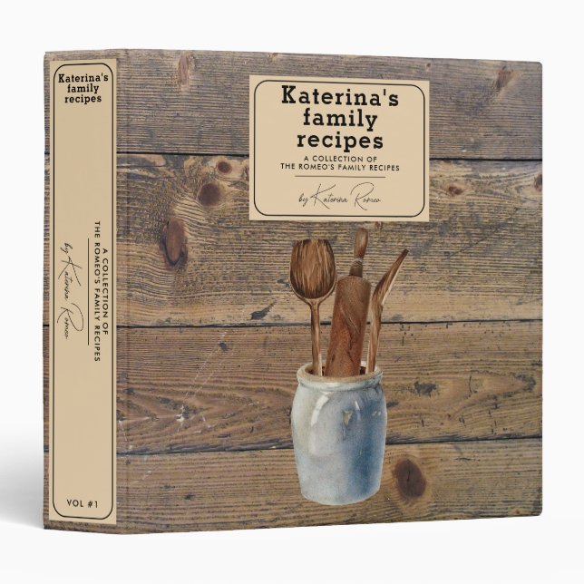 Custom Rustic Wood Kitchen Utensils Family Recipe 3 Ring Binder (Front/Spine)