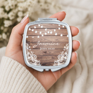 Custom Rustic Wood Lace w/ Bible Verse Compact Mirror