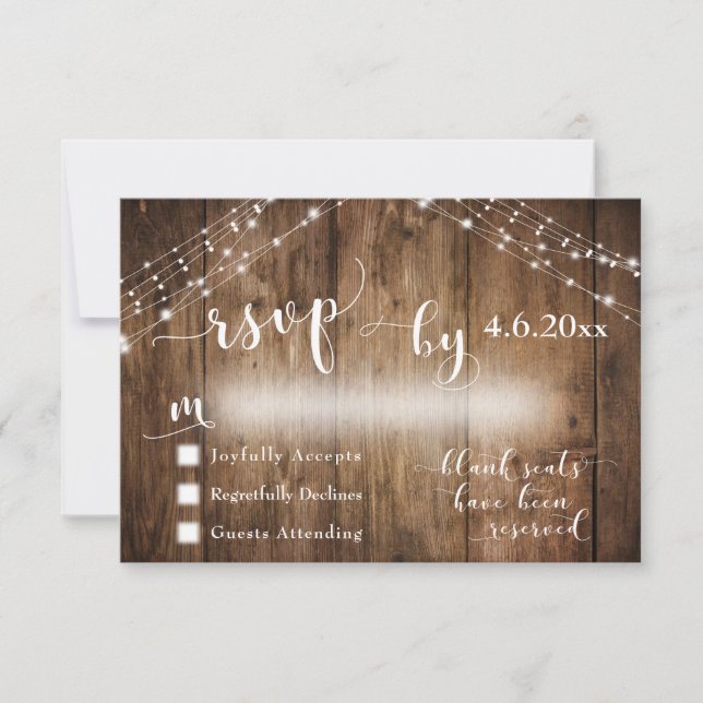 Custom Rustic Wood & Lights Wedding RSVP (Front)